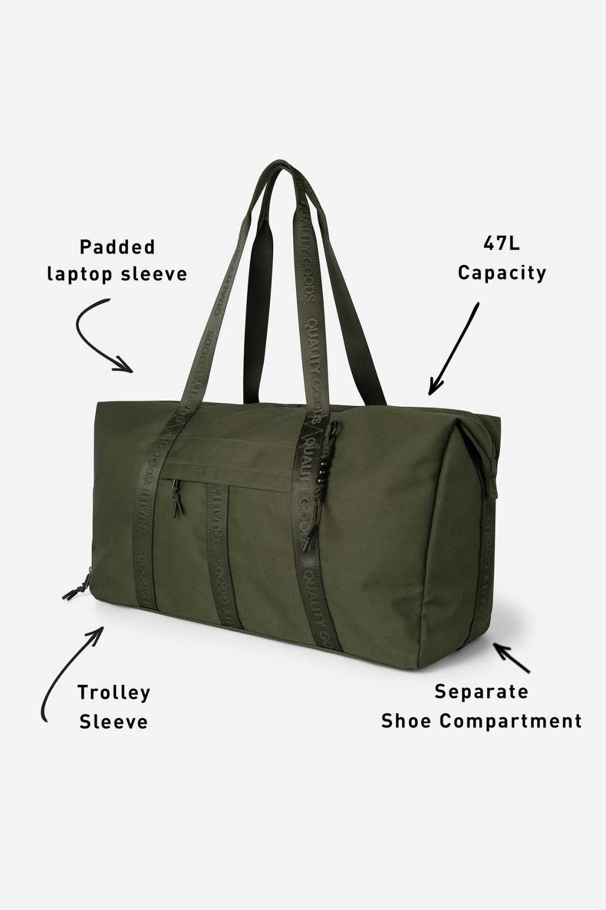 The Mr Simple Nelson Duffle is a green bag with black zippers, featuring a padded laptop sleeve, trolley sleeve, and separate shoe compartment. A Kookaburra liner and 47-liter capacity ensure easy travel with quality goods on its long carrying straps.