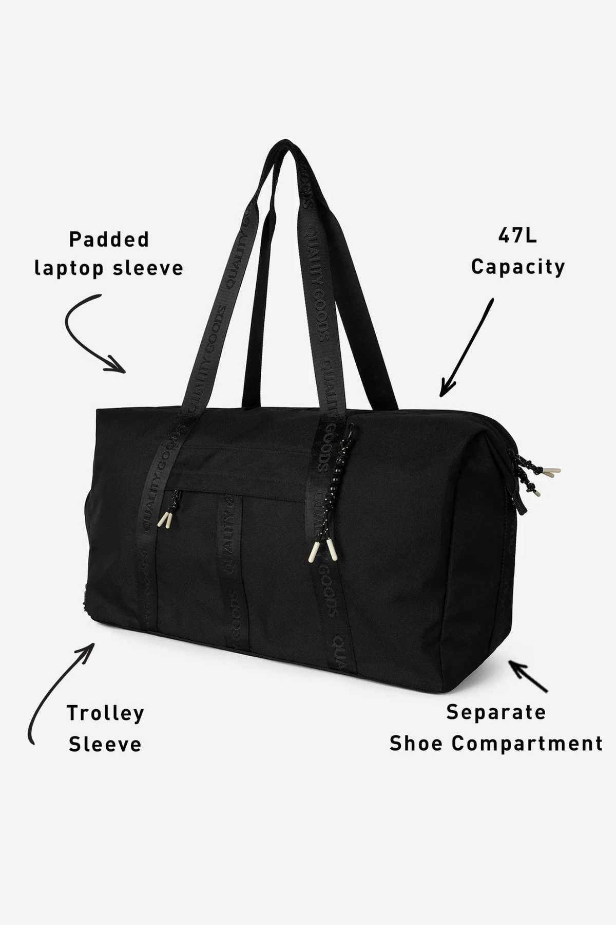 The Mr Simple Nelson Duffle is a black 47L bag featuring a padded laptop sleeve, trolley sleeve, separate shoe compartment, two handles, and exposed zippers.