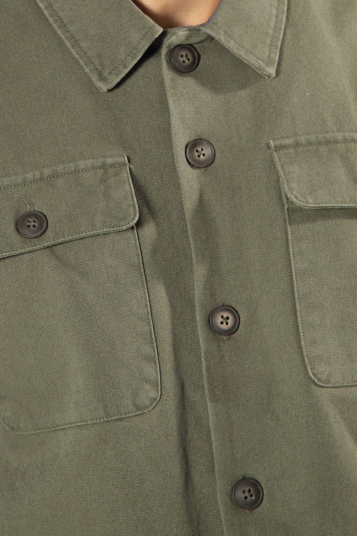 Close-up of the olive green Mr Simple Stockyard Sherpa Jacket in a Regular Fit, showing two chest pockets and dark buttons, with part of the collar and upper chest visible.