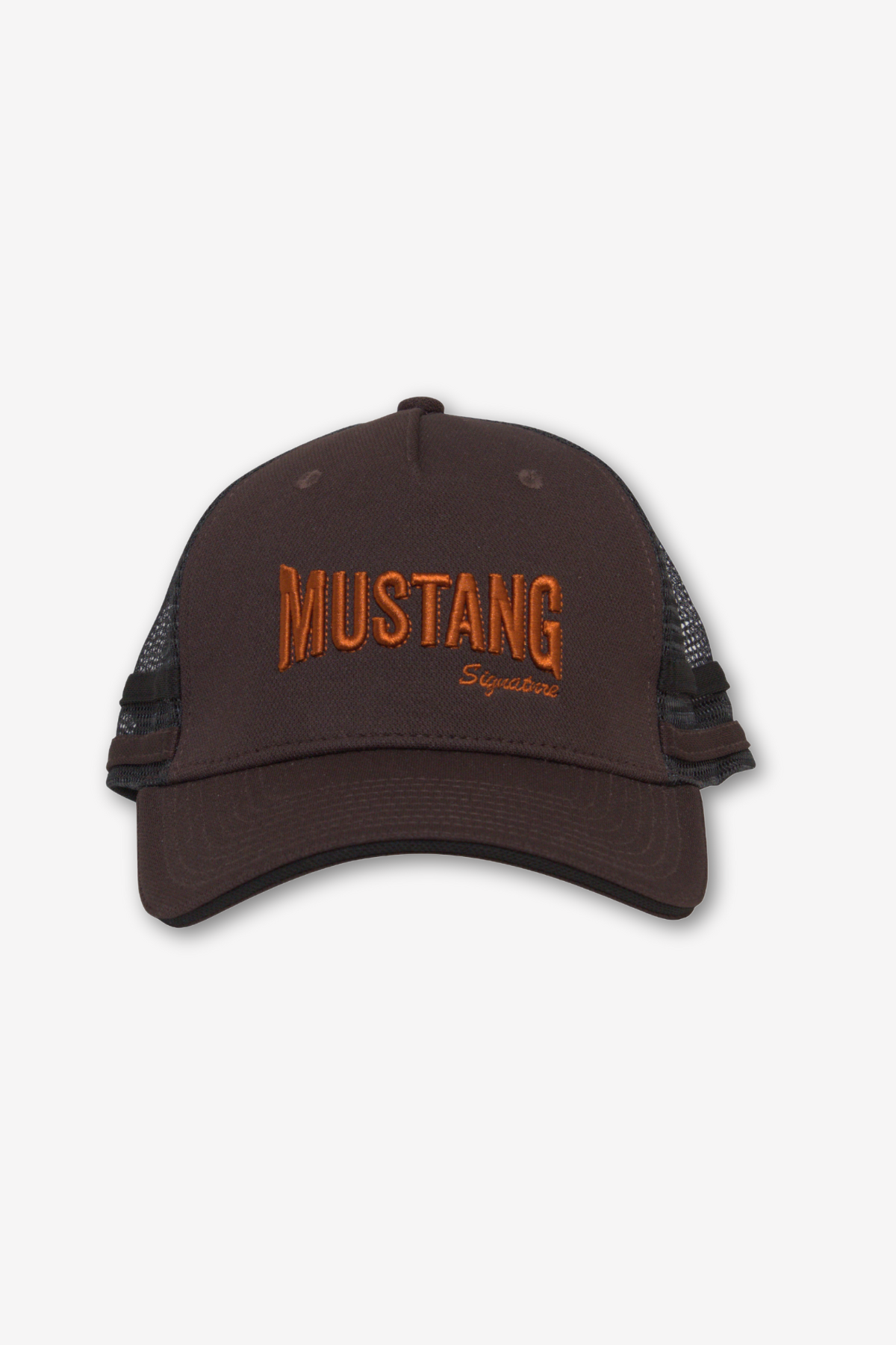 The Mustang Trucker Cap is a dark brown hat featuring "MUSTANG" embroidered in large orange letters on the front. Below, "Signature" is stitched in smaller orange script. The cap has mesh sides and back with a convenient snap back closure.