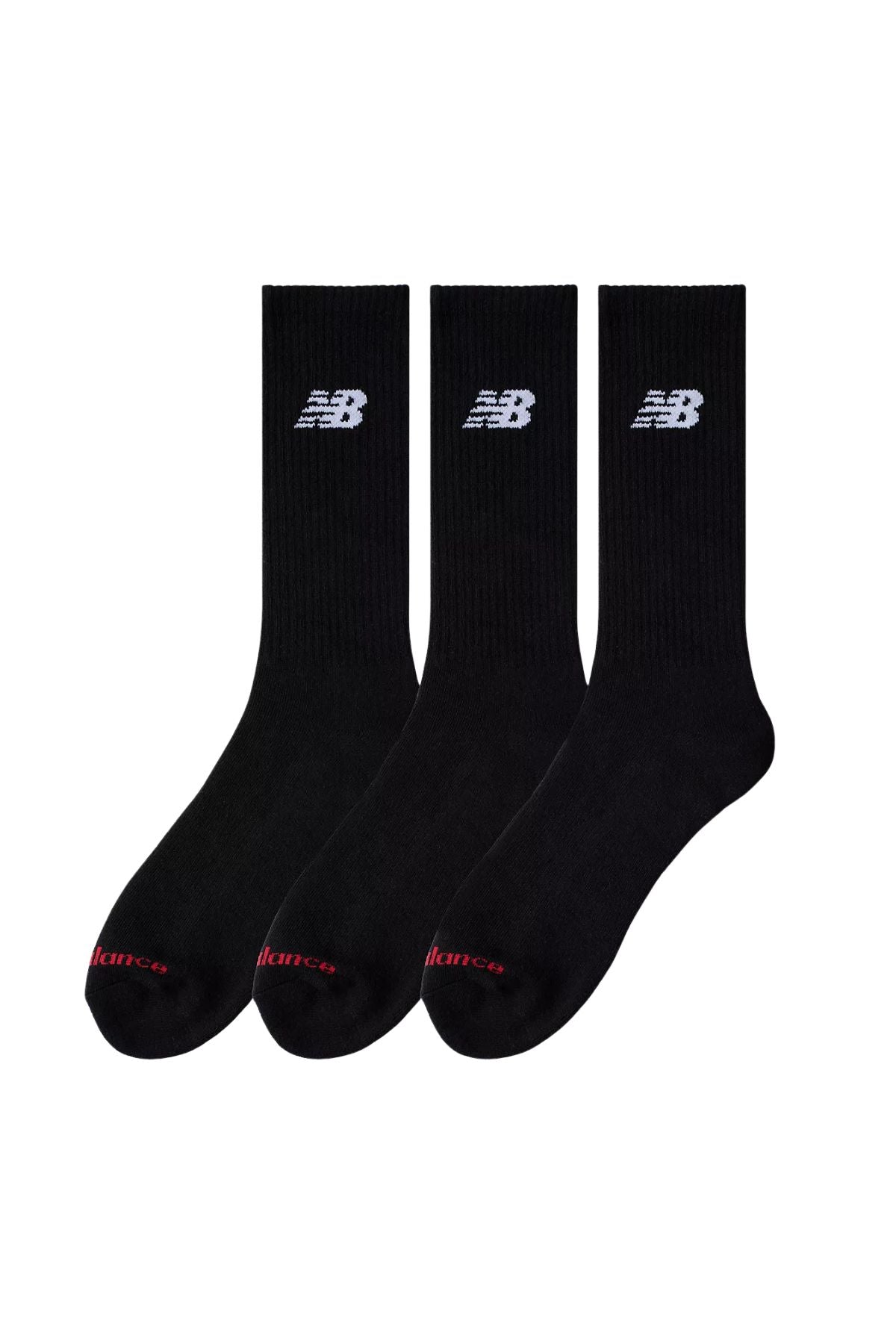 Three pairs of black New Balance Everyday Crew Socks 3pk, each with a white logo on the upper and red "New Balance" text on the toe, shown on a white background. Features include a cushioned footbed for comfort.