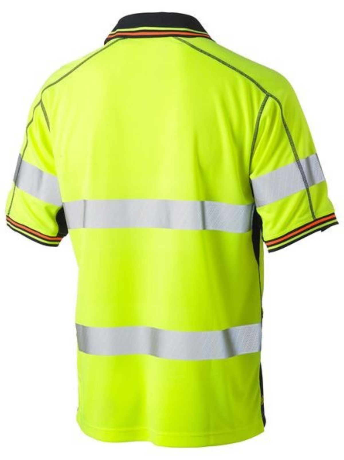 The Bisley Hi Vis Taped Mesh Polo offers breathable mesh comfort with reflective hoop stripes on the chest, back, and arms. Its vibrant yellow design features a black collar and short sleeves with stylish black and red accents.