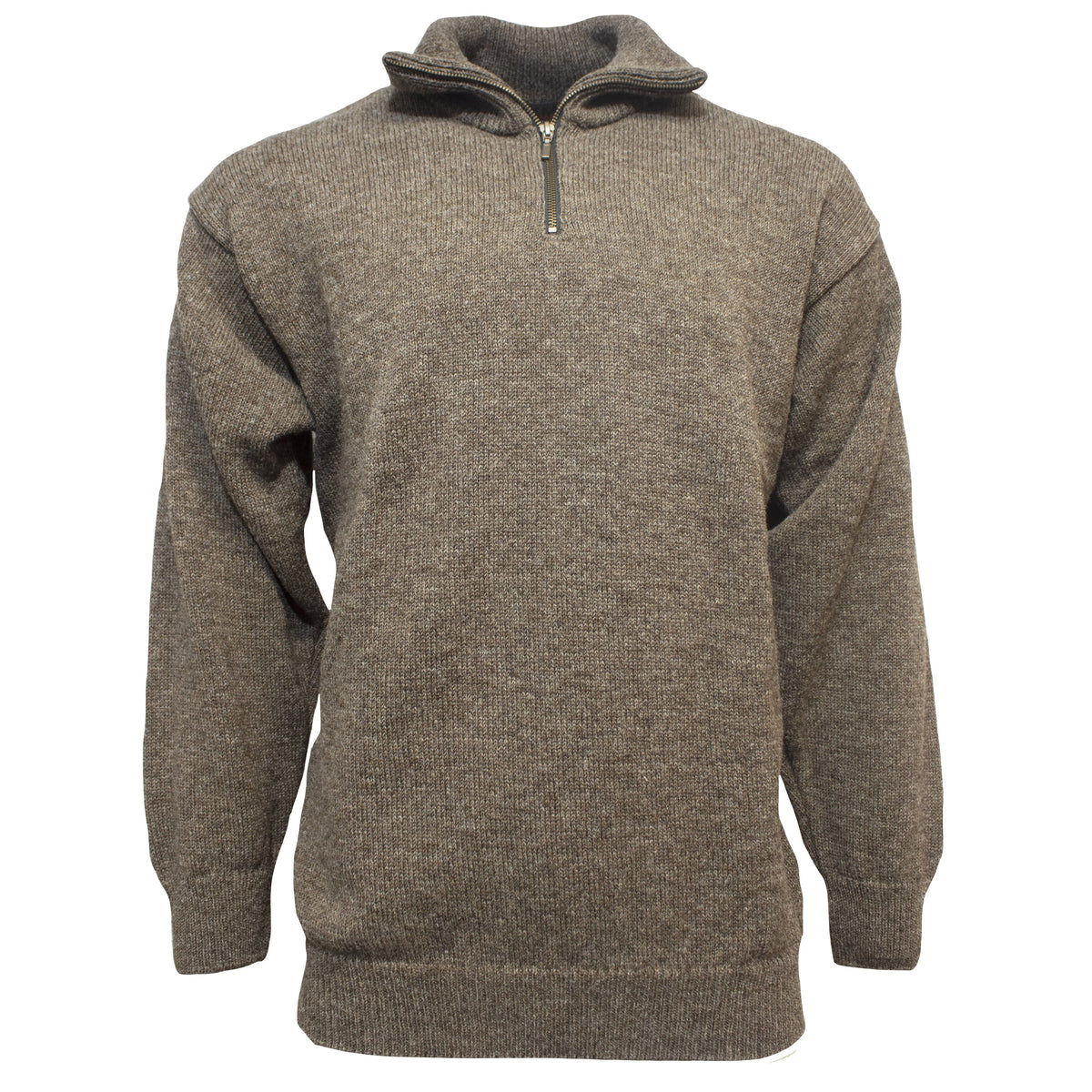 The MKM North Wester Knitted Jumper is a brown, long-sleeve wool pullover with a quarter-zip collar, epitomizing casual wear. Made in New Zealand, it boasts ribbed cuffs and hem, elegantly showcased on a white background.
