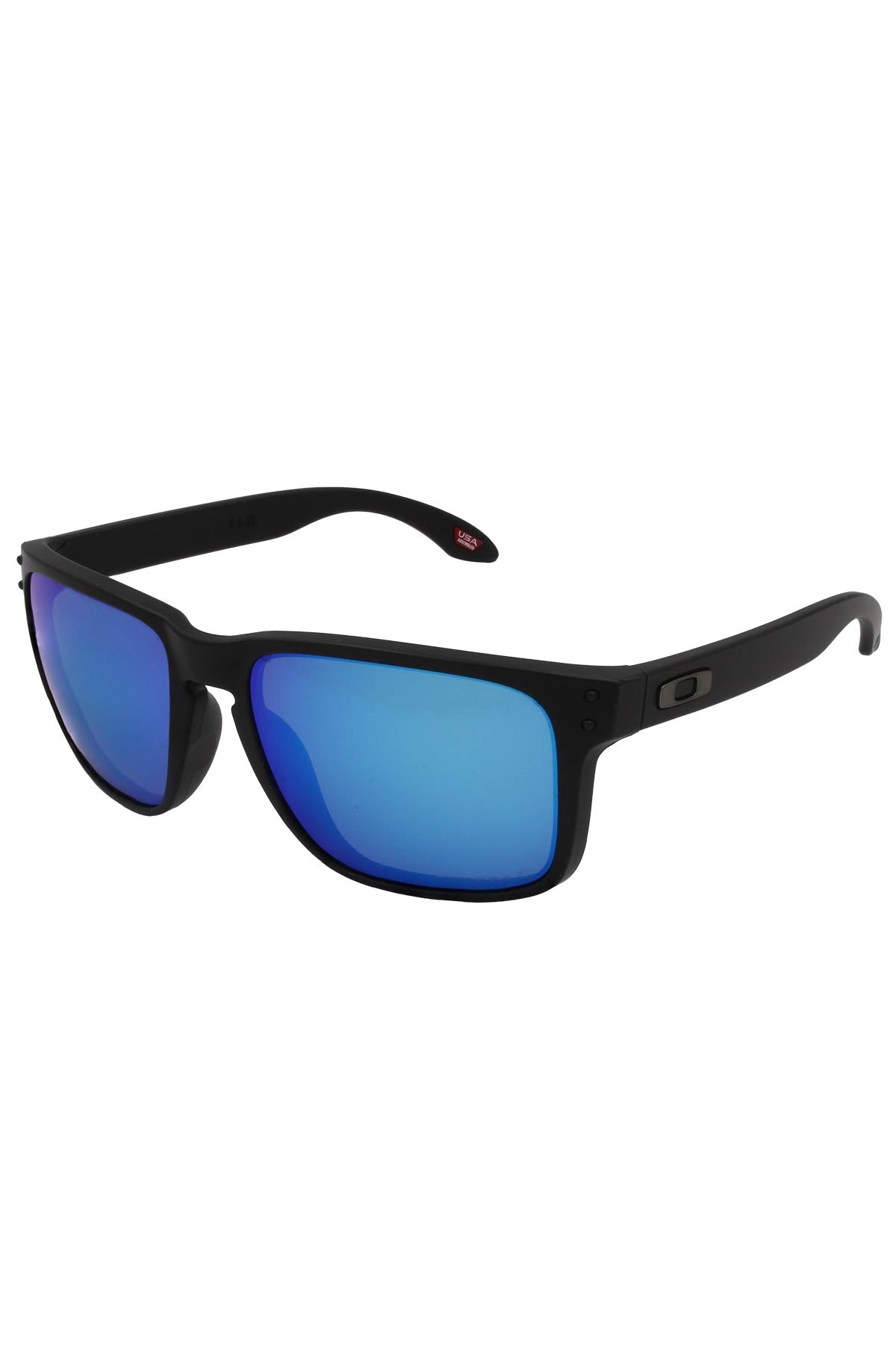 The Oakley Holbrook XL Polarized sunglasses feature black frames, reflective blue polarized lenses, a subtle Holbrook XL logo on the temple, and are designed for wider faces, shown against a white background.