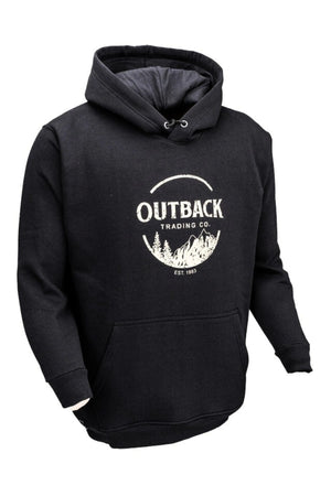The Outback Comfy Graphic Hoodie features a black design with screen printed mountains, trees, the Outback Trading Co. logo, and "EST. 1983." Includes a front pouch pocket and rib knit crew neck for comfort.