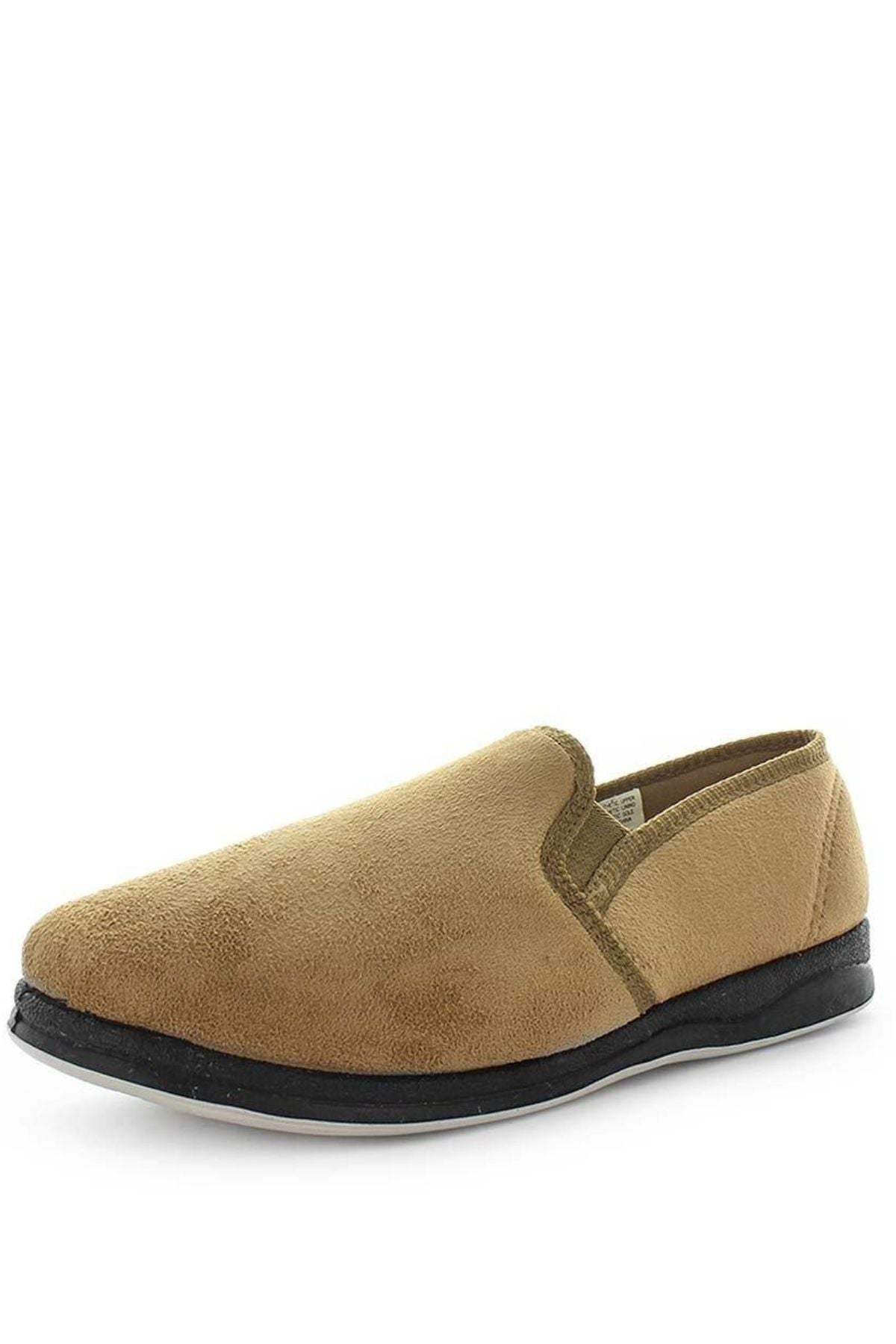 The Panda Eden Slippers are tan suede casual slippers with a rounded toe, black rubber sole, padded footbed, and low heel, shown on a white background.