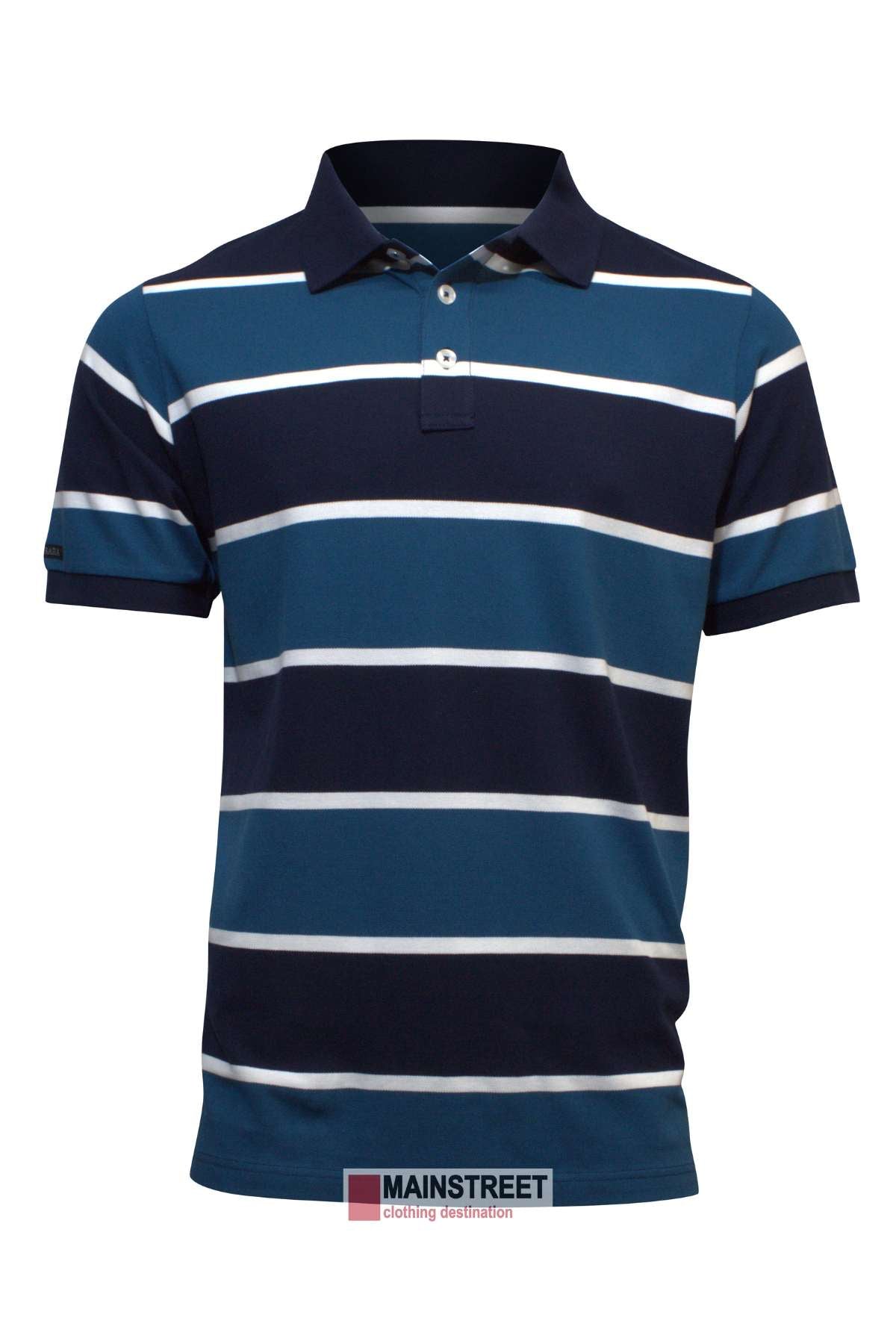 The Pilbara Striped Polo is a short-sleeved shirt featuring horizontal stripes in navy, white, and light blue. It has a navy collar with a button placket and a small logo on the left sleeve. The shirt is displayed on a white background with a "MAINSTREET clothing destination" tag at the bottom.