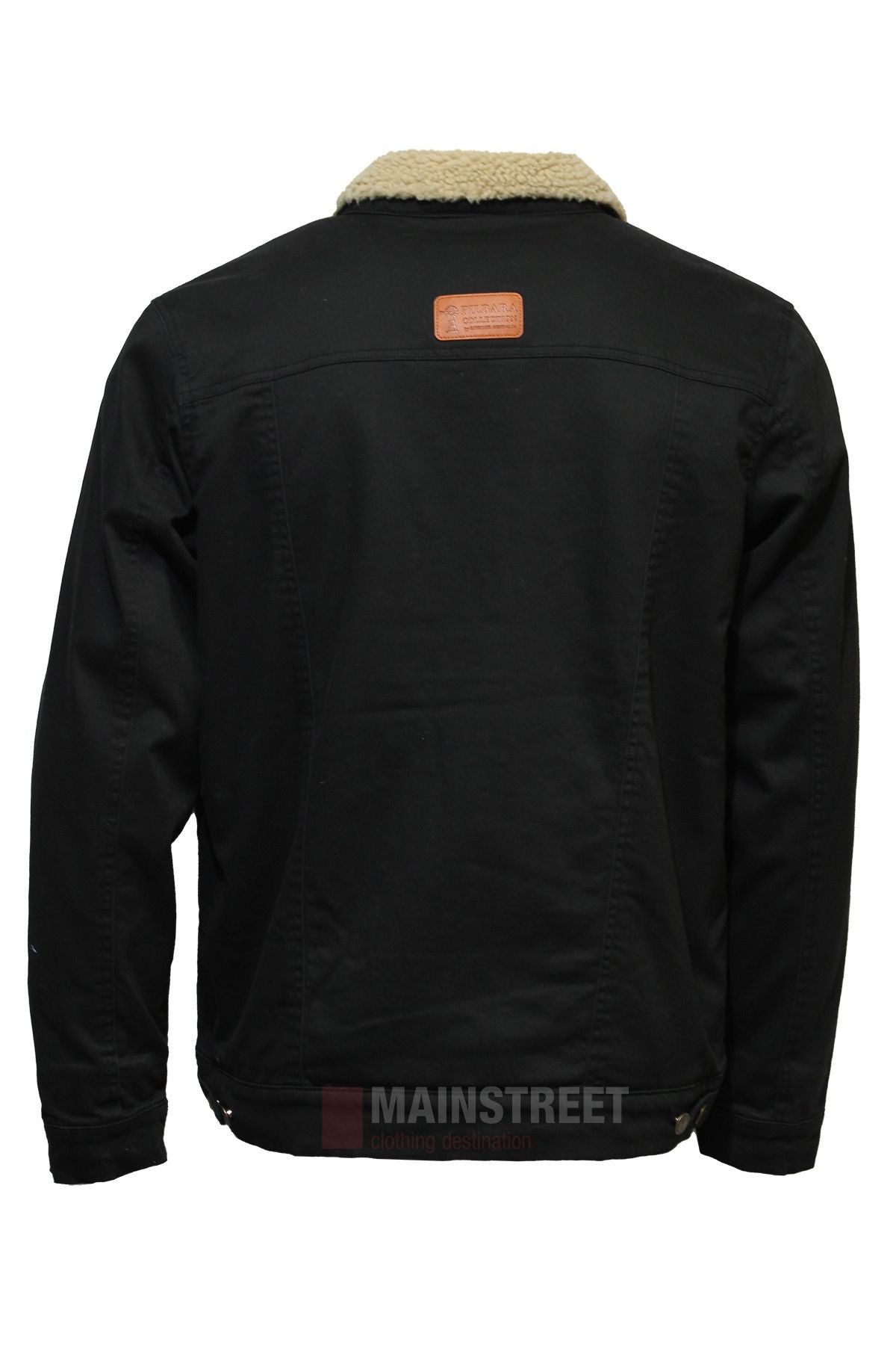 Back view of the Pilbara Canvas Sherpa Lined Jacket in black, featuring a light beige sherpa collar, long sleeves with buttoned cuffs, adjustable waist tabs, and a brown leather patch on the upper back. Inspired by outdoor adventure.