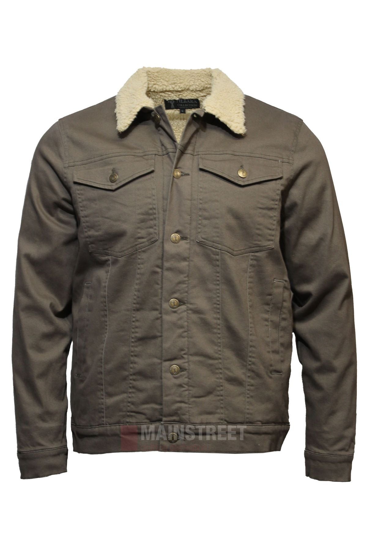 The Pilbara Canvas Sherpa Lined Jacket, shown in brown with a cream sherpa collar, buttoned front, chest flap pockets, and side pockets—ideal for winter warmth—is displayed against a white background.