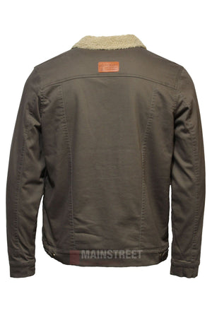 A back view of the Pilbara Canvas Sherpa Lined Jacket in khaki, showcasing long sleeves, a sherpa collar, brown leather patch on the upper back, detailed seams, and buttoned cuffs—ideal for winter warmth.