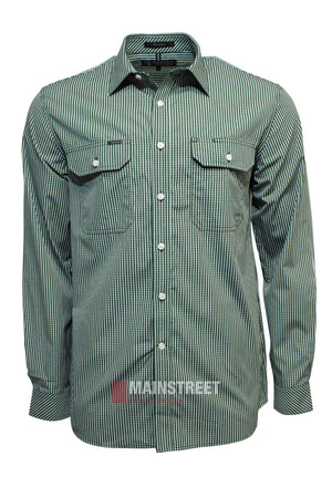 The Pilbara Check Double Pocket Shirt in green and white checks, made from 100% cotton with two button-flap chest pockets, is shown on a plain white background.
