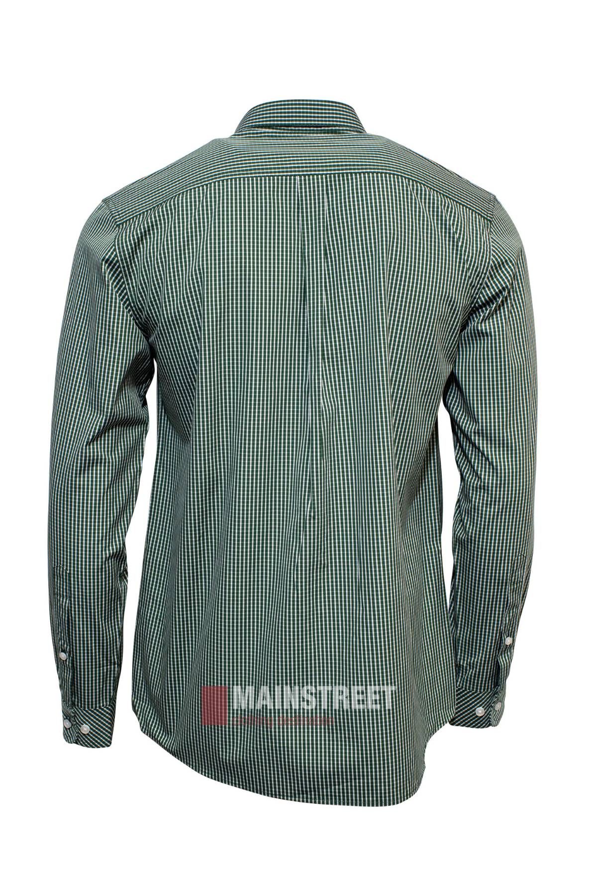 A green and white Pilbara Check Double Pocket Shirt, shown from the back, features buttoned cuffs, a collar, 100% cotton fabric, and the MAINSTREET logo near the bottom hem.