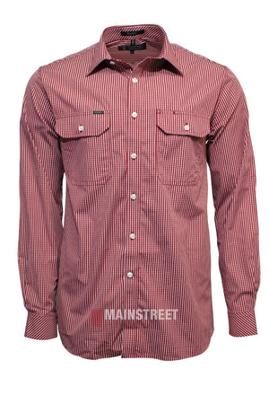 The Pilbara Check Double Pocket Shirt features long sleeves, a red and white small check pattern, two flap chest pockets, white buttons, is 100% cotton in Ritemate's style, and has "MAIN STREET" subtly near the hem.