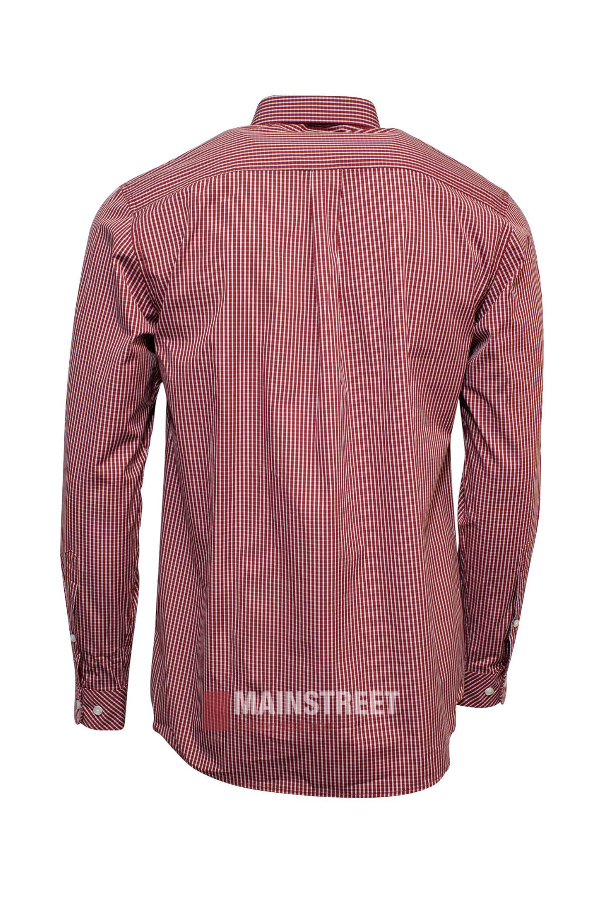The Pilbara Check Double Pocket Shirt, made from 100% cotton with a small red and white check pattern, is pictured from the back. This long-sleeve shirt features a collar and buttoned cuffs.