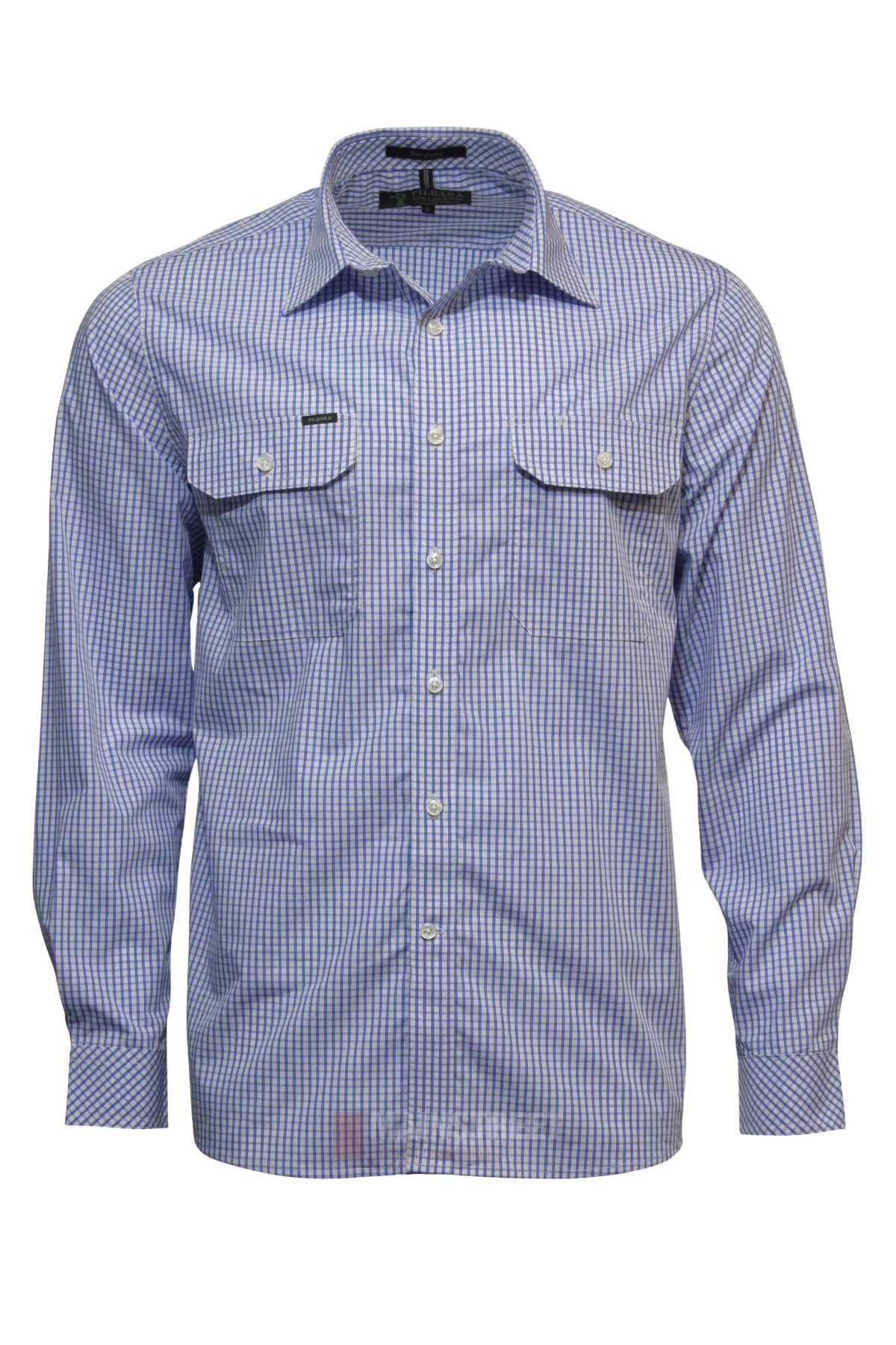 The Pilbara Check Double Pocket Shirt is a blue and white checkered 100% cotton shirt with two button-flap chest pockets, classic collar, and light-colored buttons—ideal for a stylish look.