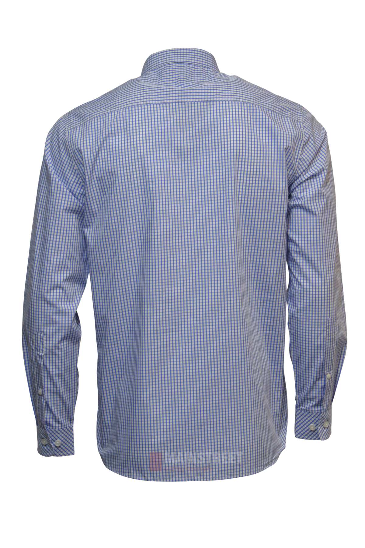 The Pilbara Check Double Pocket Shirt is a long-sleeved, button-up shirt featuring a blue and white checkered pattern, 100% cotton fabric, collar, and buttoned cuffs for classic style and comfort. Shown from the back.