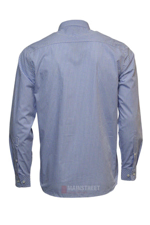 The Pilbara Check Double Pocket Shirt is a long-sleeved, button-up shirt featuring a blue and white checkered pattern, 100% cotton fabric, collar, and buttoned cuffs for classic style and comfort. Shown from the back.
