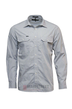 The Pilbara Check Double Pocket Shirt is a 100% cotton, long-sleeve, button-up shirt with a small check pattern, double chest pockets with button flaps, and a classic collar.