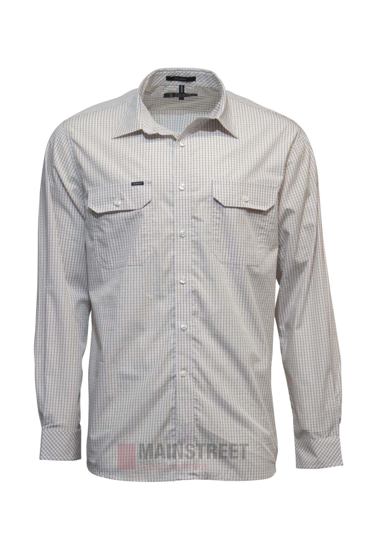 The Pilbara Check Double Pocket Shirt, in beige and white with long sleeves, a classic collar, and twin chest pockets, is crafted from 100% cotton and shown on a white background.
