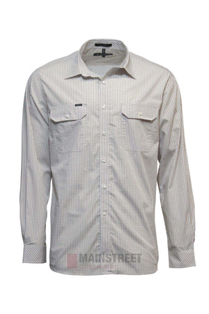 The Pilbara Check Double Pocket Shirt, in beige and white with long sleeves, a classic collar, and twin chest pockets, is crafted from 100% cotton and shown on a white background.
