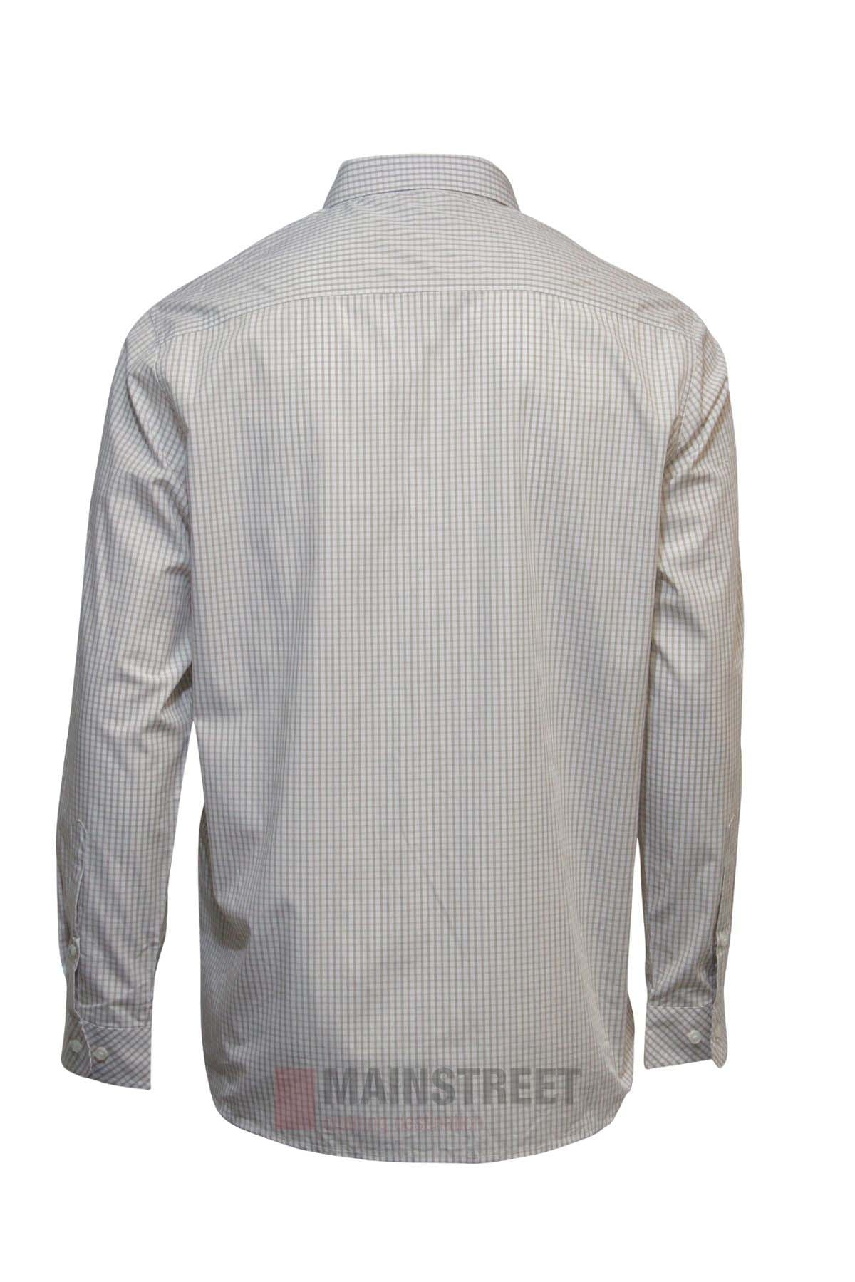 Back view of the Pilbara Check Double Pocket Shirt, a long-sleeve button-up made from 100% cotton with a subtle small check pattern in light tones, shown against a plain white background.