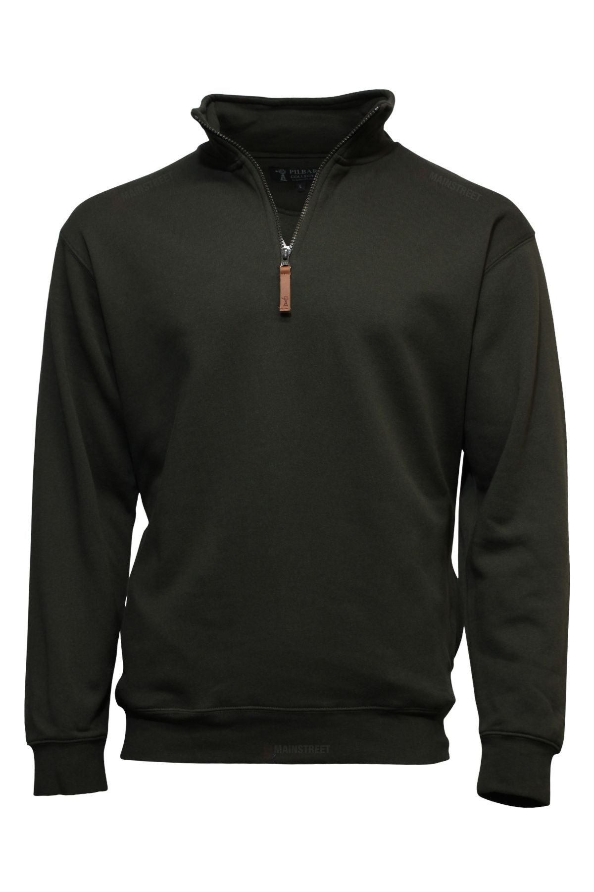 A dark green Pilbara Classic Fleece Pullover with long sleeves, quarter-zip front, stand-up collar, brown zipper pull, and soft fleece lining, shown on a white background.