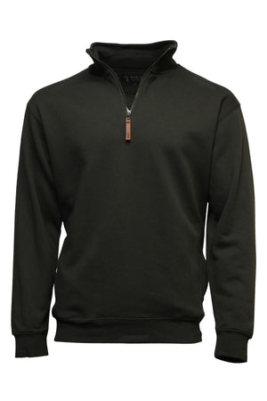 A dark green Pilbara Classic Fleece Pullover with long sleeves, quarter-zip front, stand-up collar, brown zipper pull, and soft fleece lining, shown on a white background.
