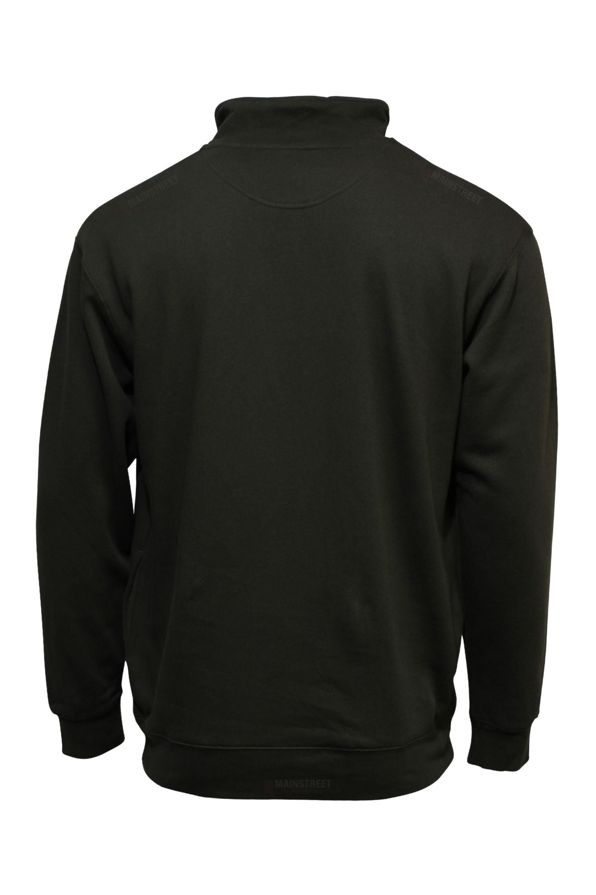 The Pilbara Classic Fleece Pullover, shown from the back in plain black, features a high collar, ribbed cuffs and hem, and a cozy fleece lining against a white background.