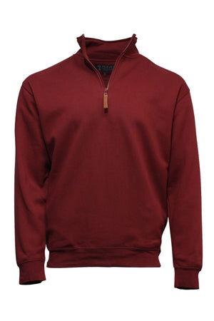 The Pilbara Classic Fleece Pullover is a maroon quarter zip sweatshirt with a stand-up collar and brown leather zipper pull, featuring cozy fleece lining and a plain design with no visible logos or patterns.