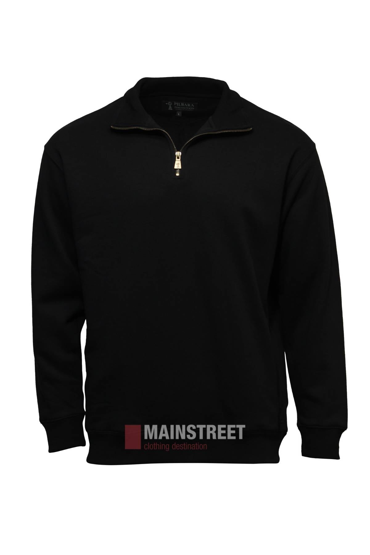 The Pilbara Classic Heavy Weight Fleece Pullover in black features a gold half-zip front collar and is shown on a plain white background with the MAINSTREET logo at the bottom.