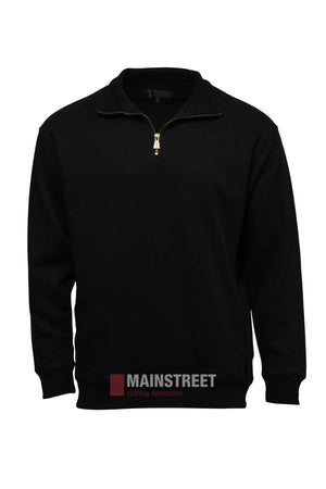 The Pilbara Classic Heavy Weight Fleece Pullover in black features a gold half-zip front collar and is shown on a plain white background with the MAINSTREET logo at the bottom.