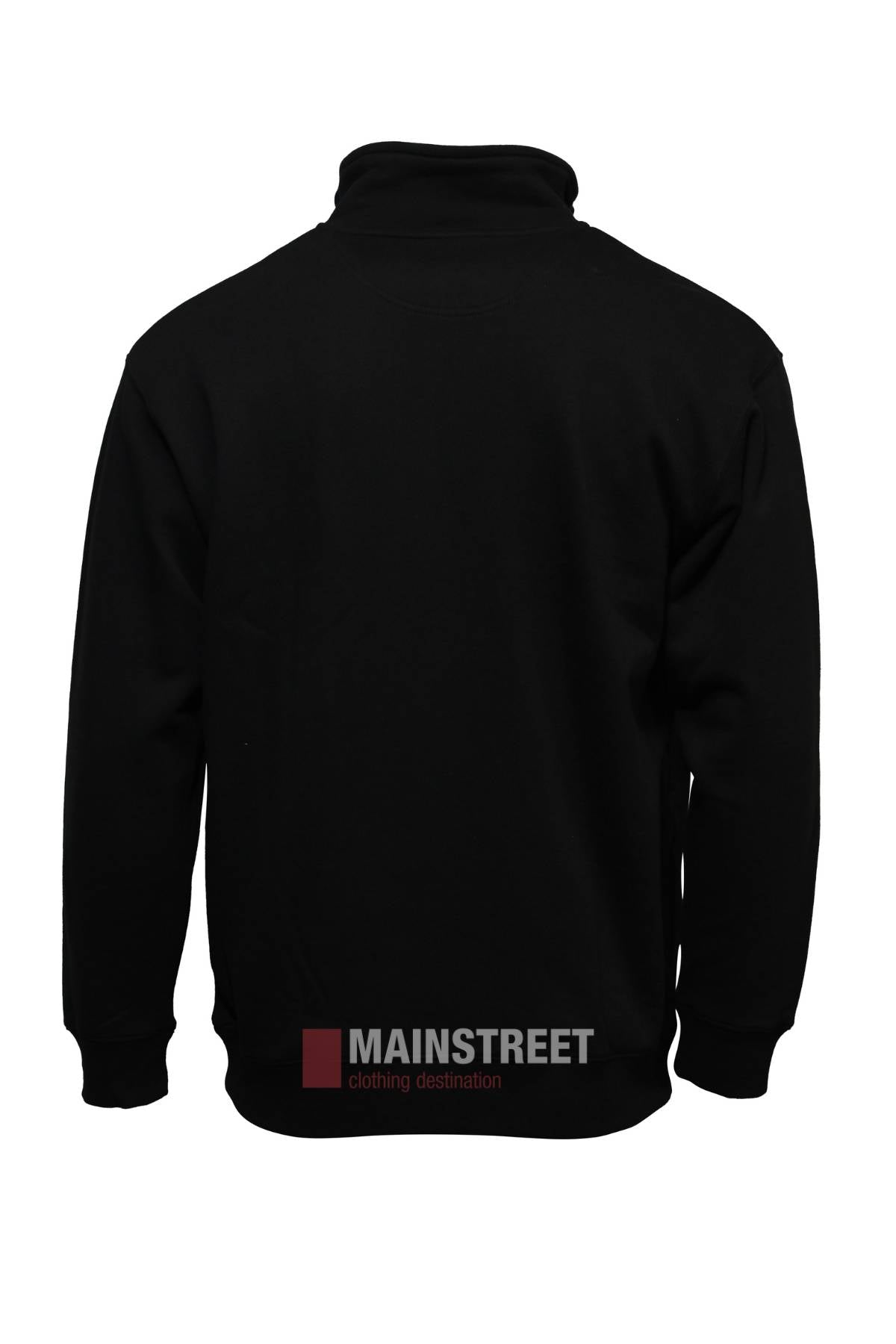 A black Pilbara Classic Heavy Weight Fleece Pullover with ribbed cuffs and a raised collar is shown from the back on a white background. The image is watermarked "MAINSTREET clothing destination" at the bottom.
