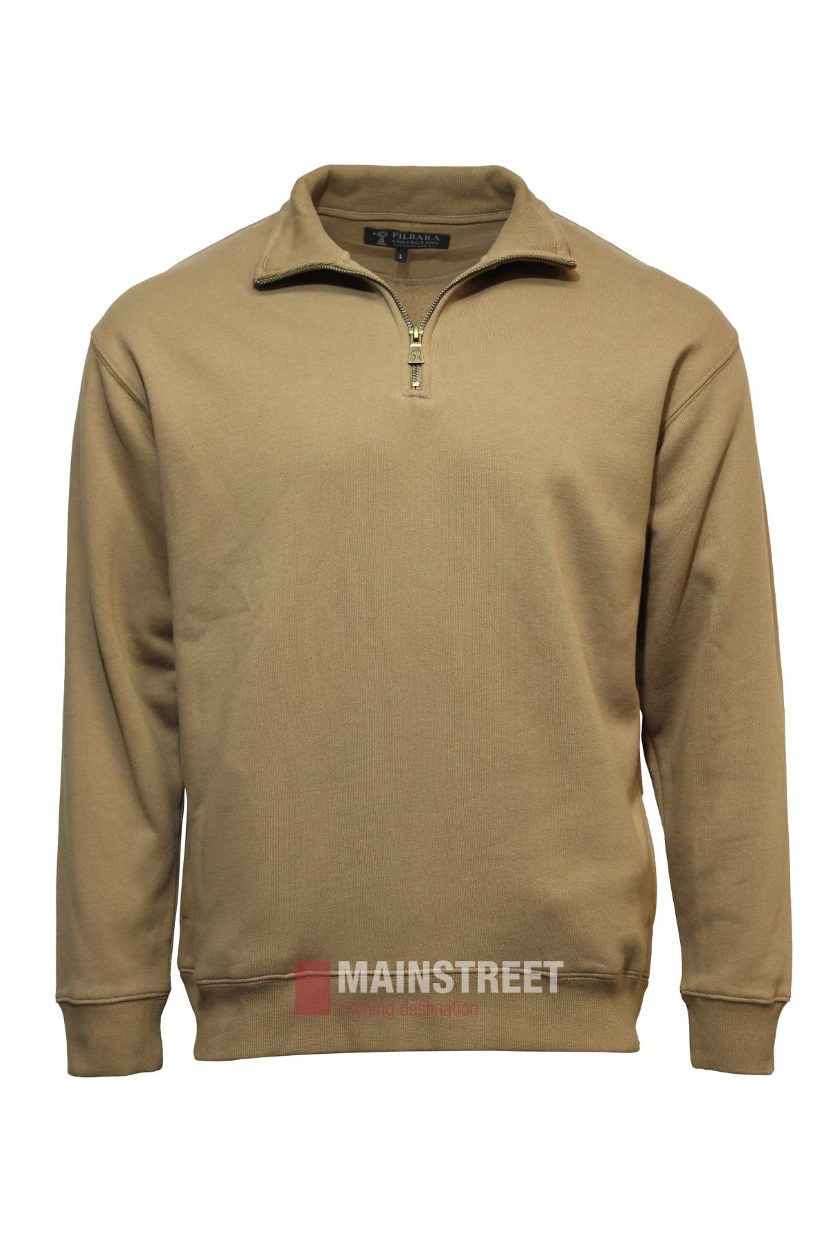 Pilbara Classic Heavy Weight Fleece Pullover in tan, featuring long sleeves, half zip front, ribbed cuffs and hem, shown on a plain white background.