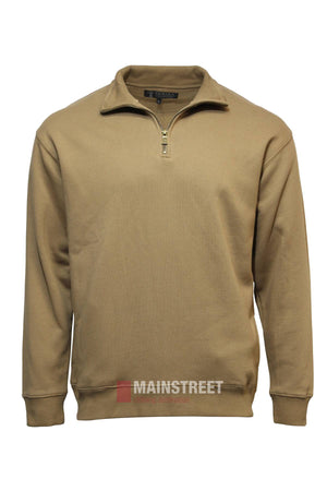 Pilbara Classic Heavy Weight Fleece Pullover in tan, featuring long sleeves, half zip front, ribbed cuffs and hem, shown on a plain white background.