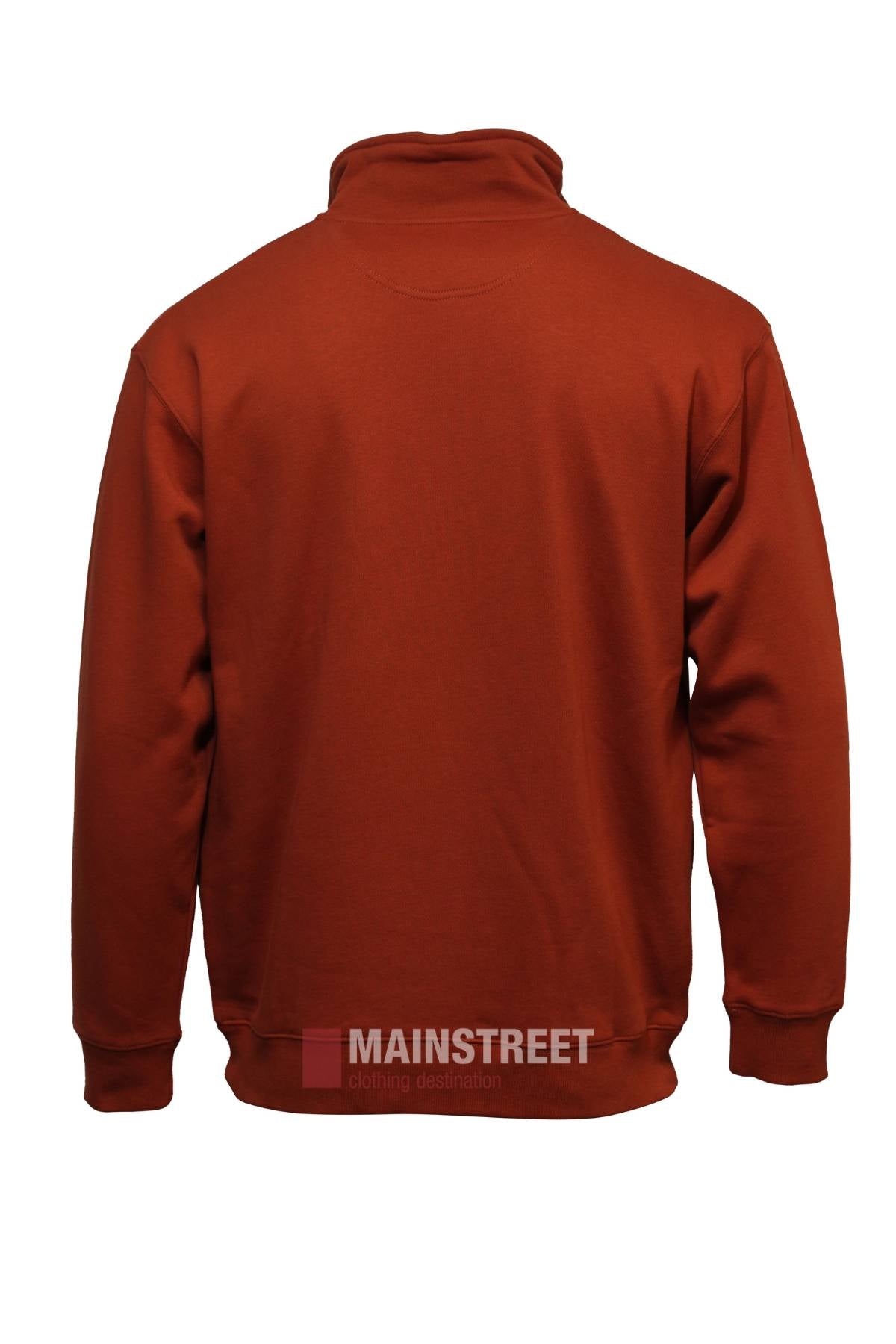 A plain rust-colored Pilbara Classic Heavy Weight Fleece Pullover with long sleeves is shown from the back, featuring a high collar, ribbed cuffs, and a ribbed waistband.