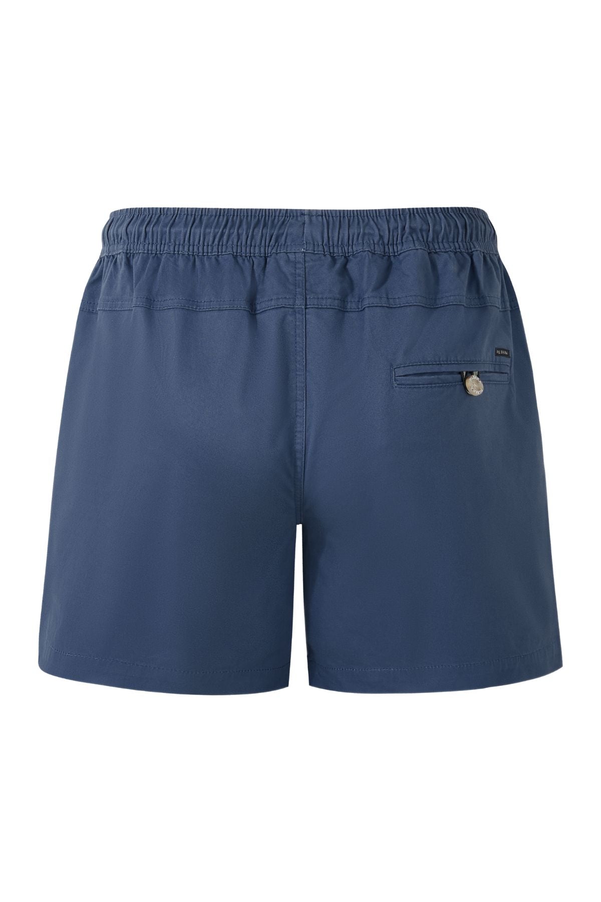 Back view of Pilbara Cotton Stretch Short in blue, designed for comfort and ease with an elastic waist and a single zippered pocket on the right side.