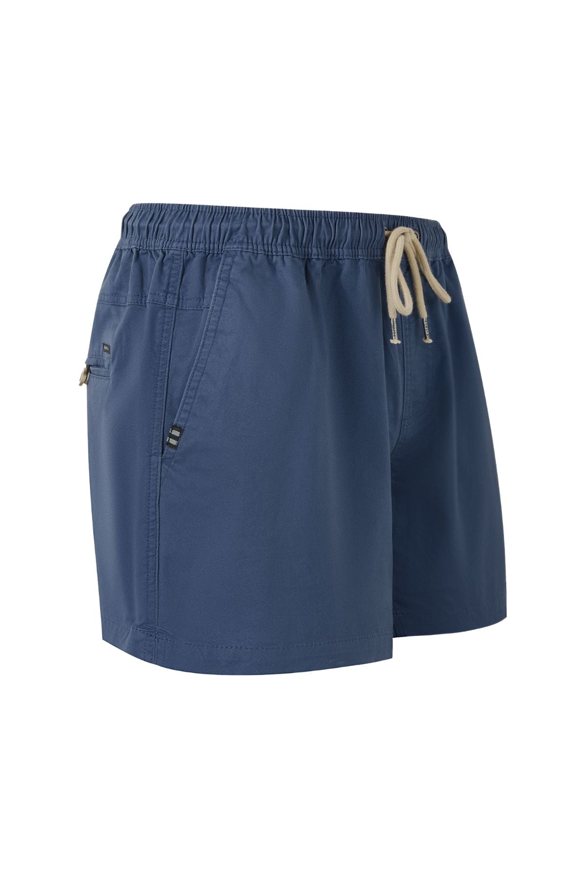 The Pilbara Cotton Stretch Short is a blue men's elastic waist short with a cream drawstring and side zipper pocket, designed for comfort and style. Displayed on a white background.