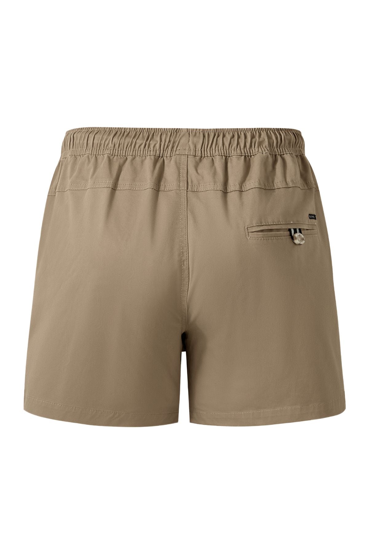 The Pilbara Cotton Stretch Short in khaki features a back view with an elastic waistband and a right-side zippered pocket. Made from lightweight cotton stretch fabric, these shorts offer comfort and are perfect for casual wear.
