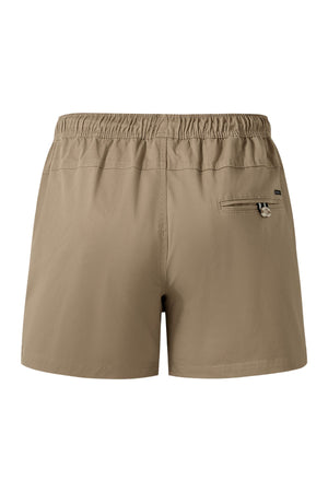 The Pilbara Cotton Stretch Short in khaki features a back view with an elastic waistband and a right-side zippered pocket. Made from lightweight cotton stretch fabric, these shorts offer comfort and are perfect for casual wear.