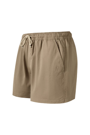 The Pilbara Cotton Stretch Short features light brown cotton fabric, an elastic waistband for comfort, side pockets, and a subtle embroidered logo on the left leg, shown against a plain white background.