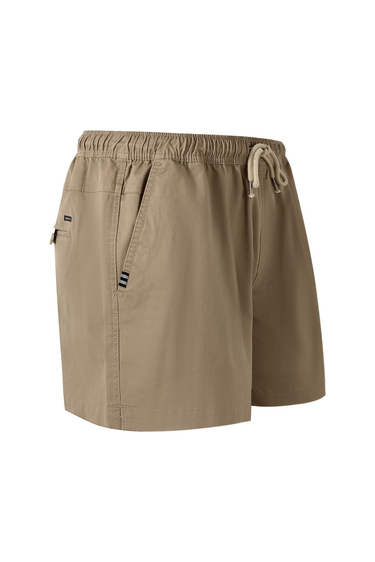 The Pilbara Cotton Stretch Short in light brown features an elastic waist with adjustable drawstring, side pockets, and a small logo tag near the left pocket, shown against a white background.