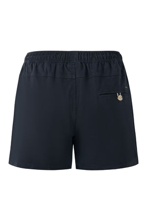 Rear view of Pilbara Cotton Stretch Short in dark navy, featuring an elastic waistband and a small right-side zippered pocket with metallic pull tab for comfort.