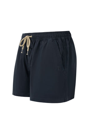 Pilbara Cotton Stretch Short in navy blue with an elastic waist, beige drawstring, and side pockets. Comfortable cotton stretch fabric, shown against a white background.