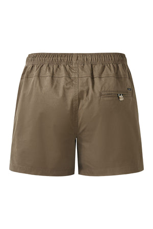 Back view of Pilbara Cotton Stretch Short in brown, featuring an elastic waistband, single zippered right pocket, and lightweight cotton stretch fabric.