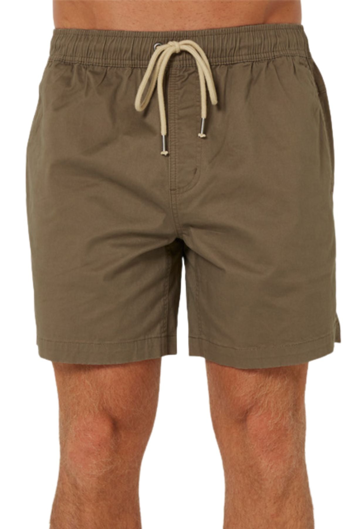 Someone is shown from waist to mid-thigh wearing the Pilbara Cotton Stretch Short in olive green, featuring an elastic waist with a beige drawstring and an embroidered logo.