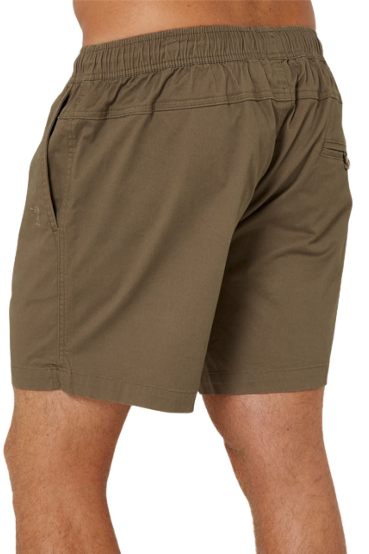 A person wearing Pilbara Cotton Stretch Short in khaki with an elastic waist, side and back pockets, and embroidered logo, displayed from the waist down and viewed from behind.