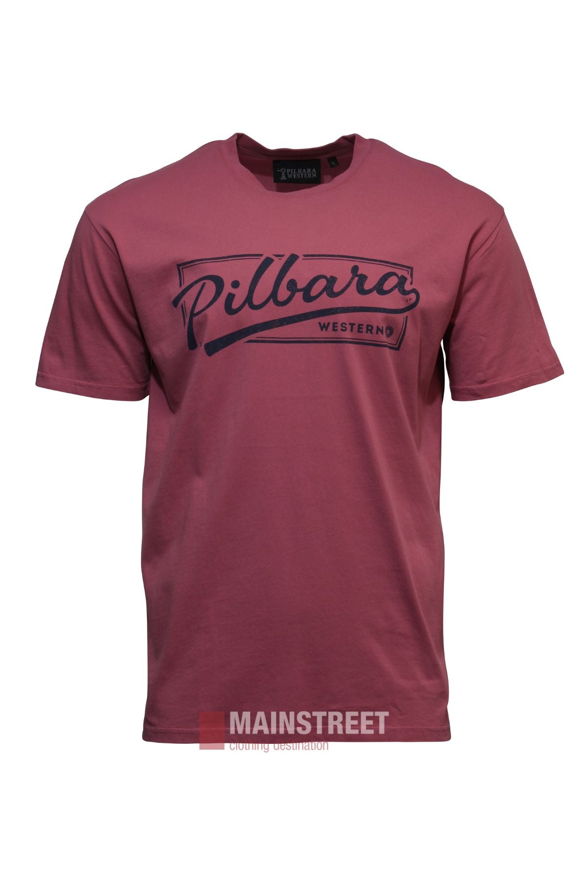 The Pilbara Game Day T-Shirt is a maroon, short-sleeve cotton shirt featuring "Pilbara" and "Western" in navy script across the chest, shown against a white background.
