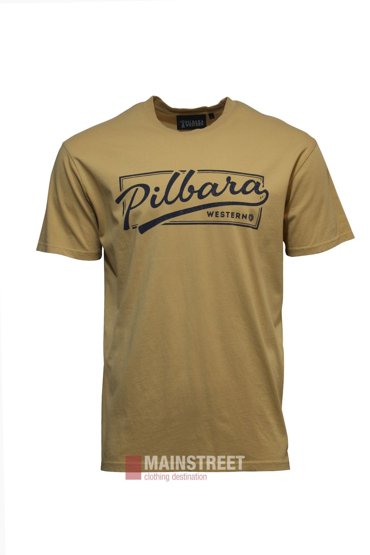 The Pilbara Game Day T-Shirt is a beige, short-sleeve tee with a bold "Pilbara Western" logo across the chest. Made from breathable cotton, it's shown on a plain white background.