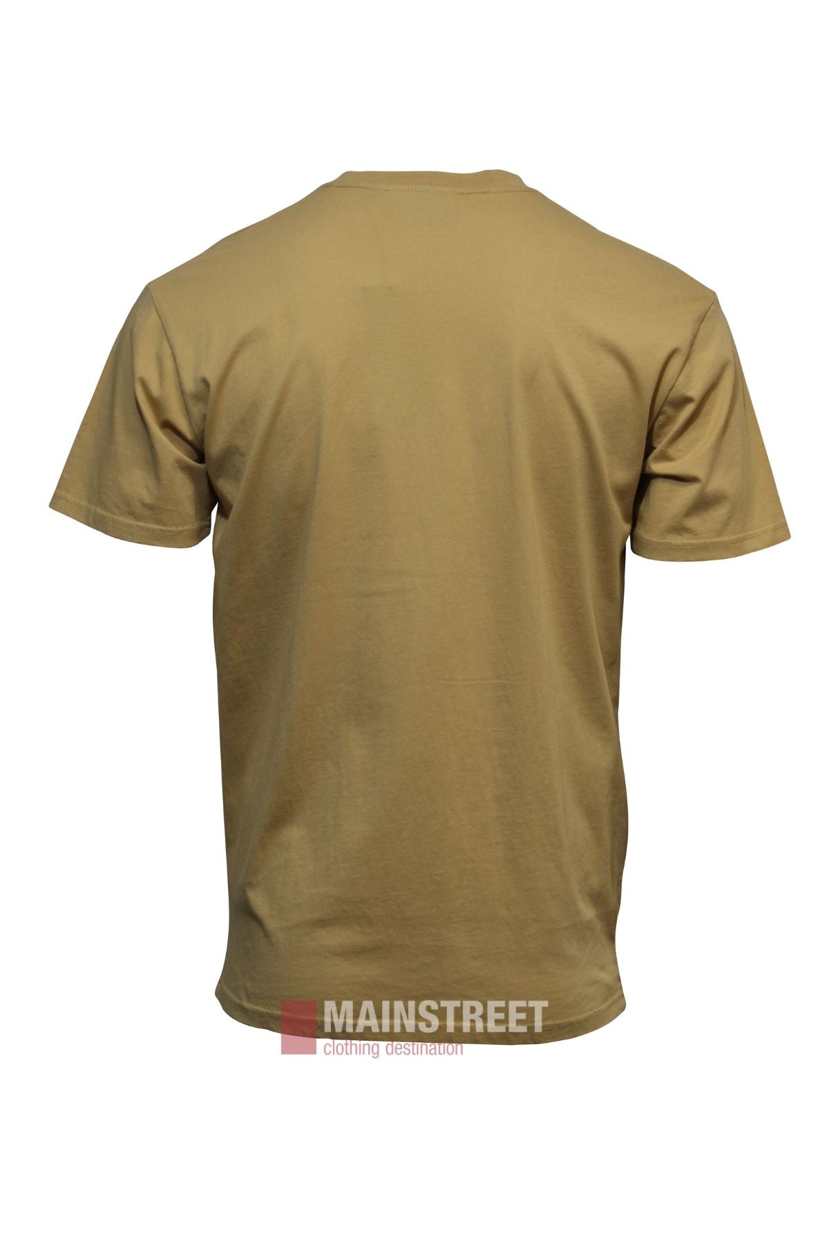 A plain, short-sleeved Pilbara Game Day T-Shirt in light brown is shown from the back against a white background. Made of breathable cotton, it features the "Mainstreet clothing destination" watermark at the bottom.