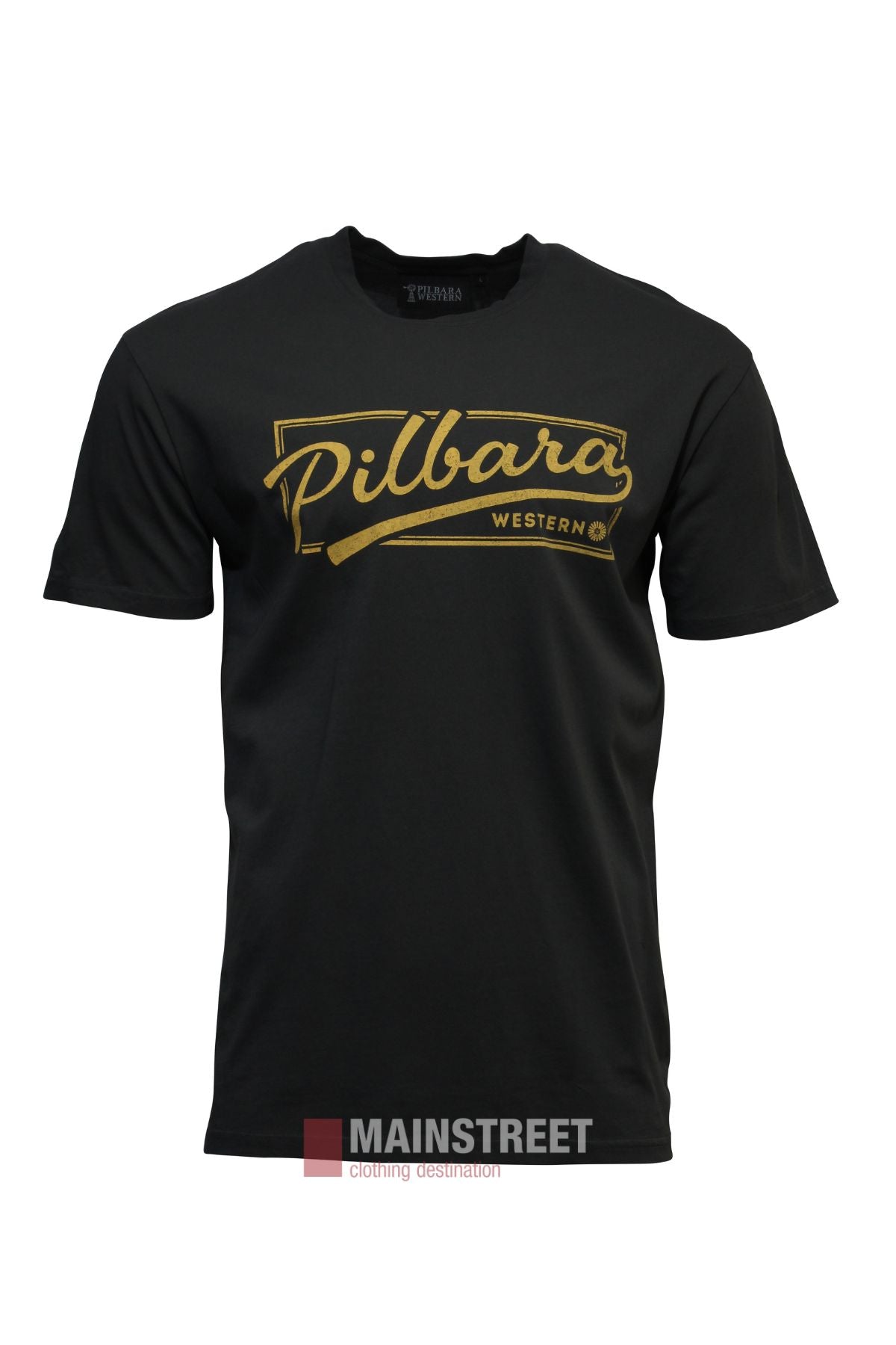 The Pilbara Game Day T-Shirt is a black, short-sleeve cotton top with a bold gold "Pilbara" and "Western" logo on the chest, shown on a plain white background.